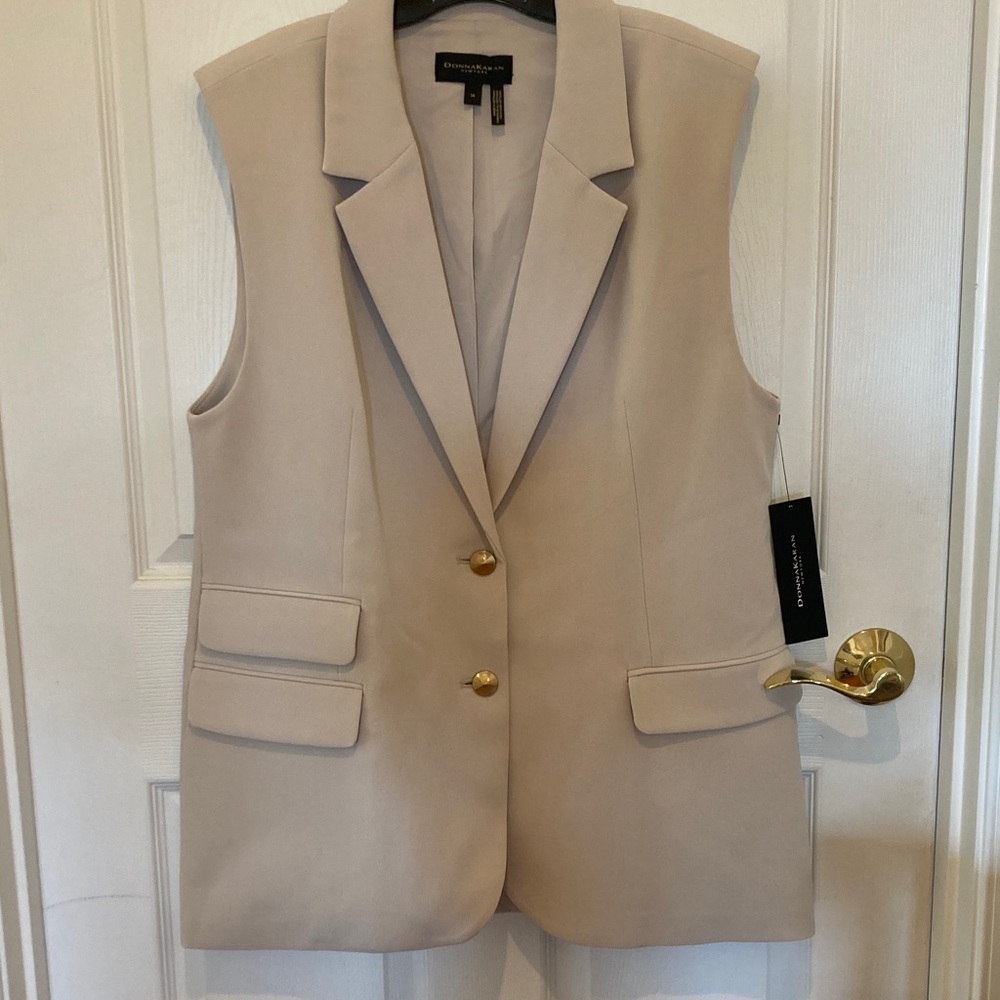 Beige Sleeveless Blazer with Gold Buttons